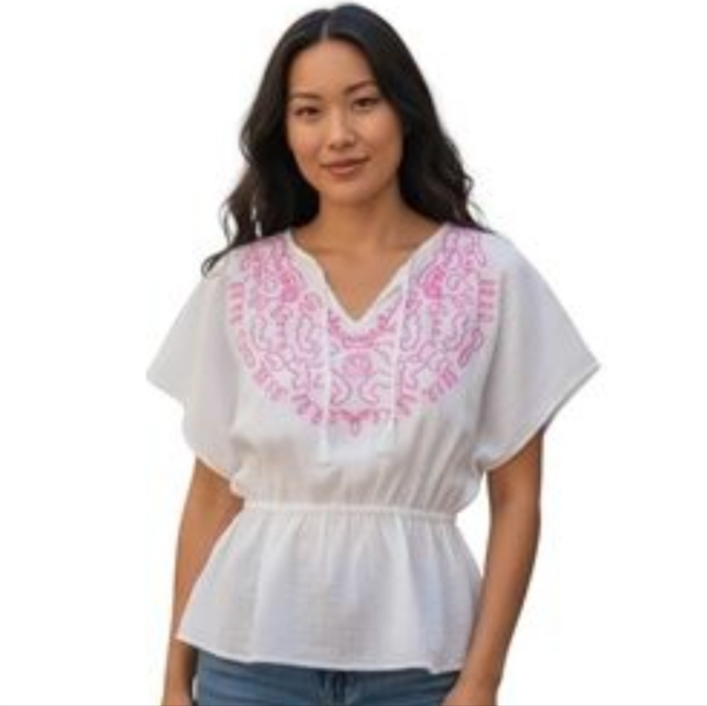 NWT Hayden Cotton White and Pink Embroidered Women's Top Boho Size Large Beachy